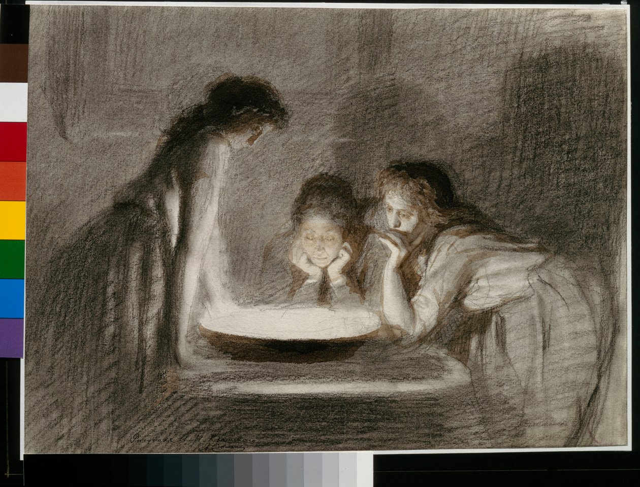 Ennustaminen la veille de Noel (Jouluaaton ennustaminen) - Lyijykynä, sivellin, seepia paperille kirjoittanut Ivan Nikolaevich Kramskoi (Kramskoi) (1837-1887) tekijältä Ivan Nikolaevich Kramskoy