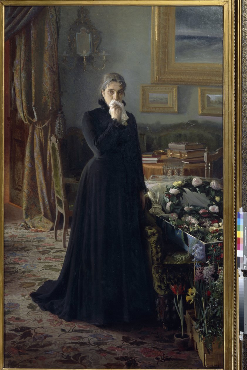 Lohduton suru (nainen surussa seisomassa arkun lähellä kukkaseppeleillä) (Lohduton suru) - Ivan Nikolajevitš Kramskoin (1837-1887) maalaus, öljy kankaalle (228x141 cm) tekijältä Ivan Nikolaevich Kramskoy