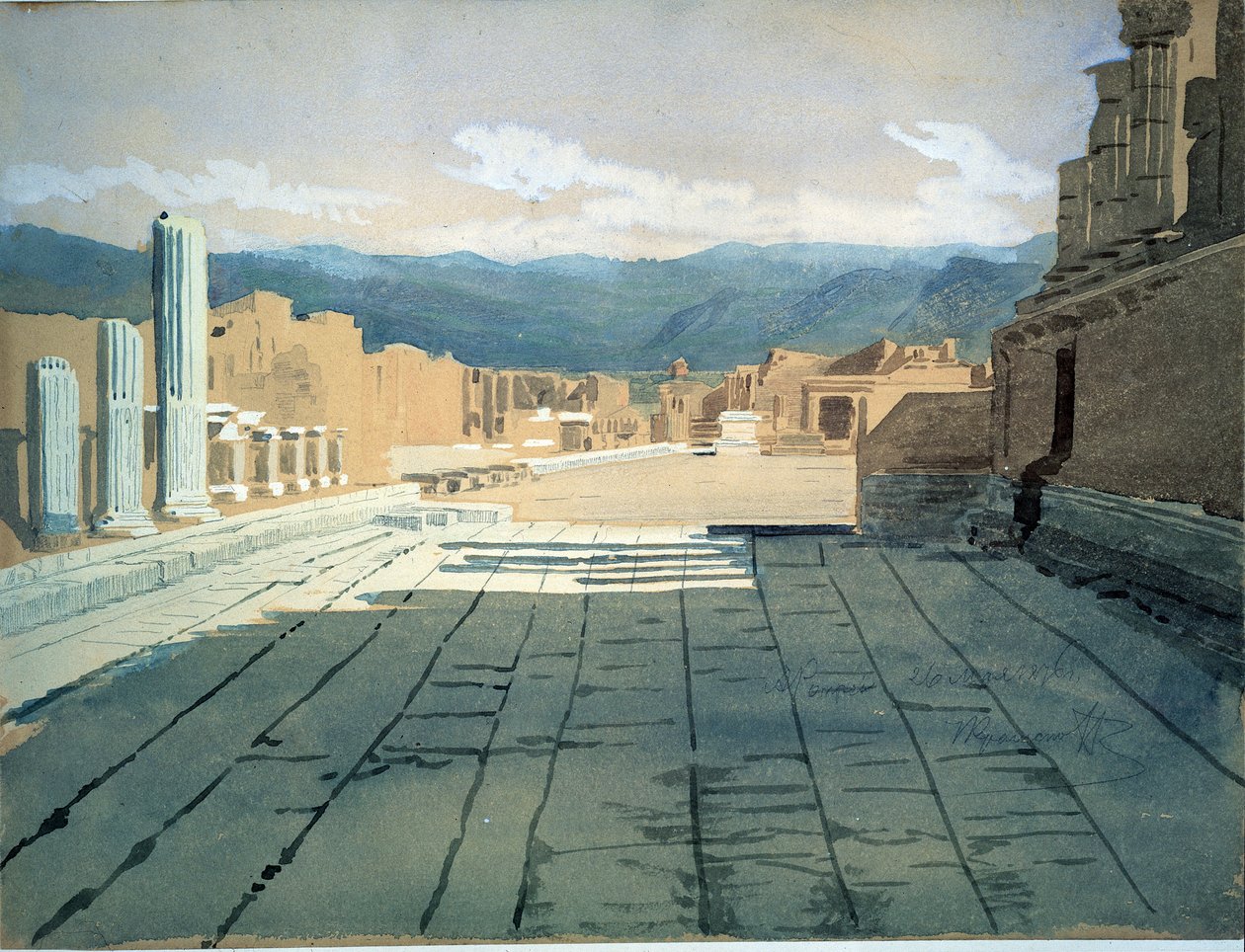 Pompei (Italia) (Pompei). Näkymät Rooman raunioiden foorumille Napolinlahdella, Vesuvius-vuoren edessä. Ivan Nikolajevitš Kramskoin (1837-1887) teos, akvarelli paperille tekijältä Ivan Nikolaevich Kramskoy