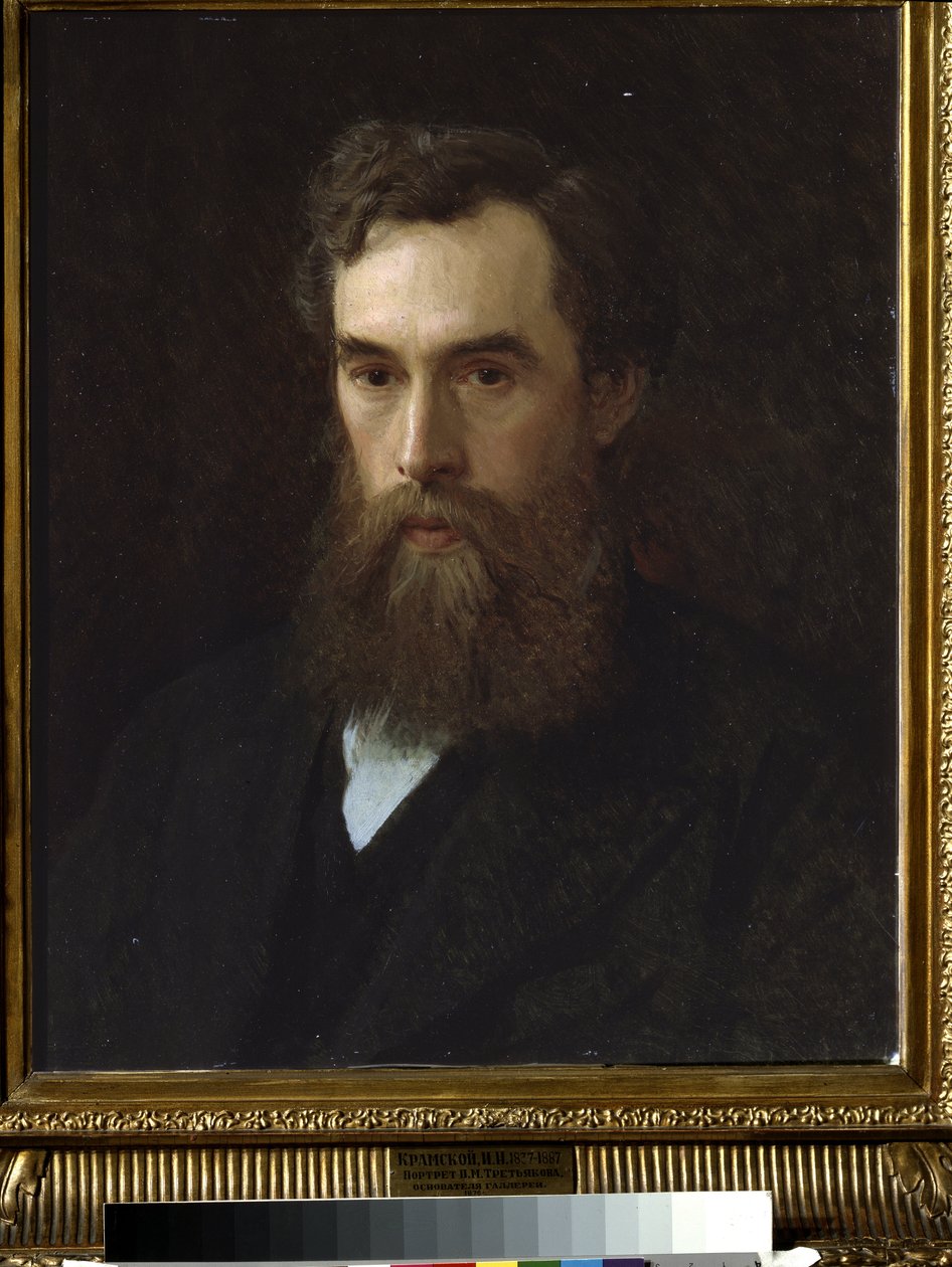 Keräilijän, johtajan ja taidegallerian perustajan Pavel Tretjakovin (1832-1898) muotokuva. (Keräilijän, suojelijan ja gallerian perustajan P.Tretjakovin muotokuva). Ivan Nikolajevitš Kramskoin (1837-1887) maalaus öljy kankaalle tekijältä Ivan Nikolaevich Kramskoy