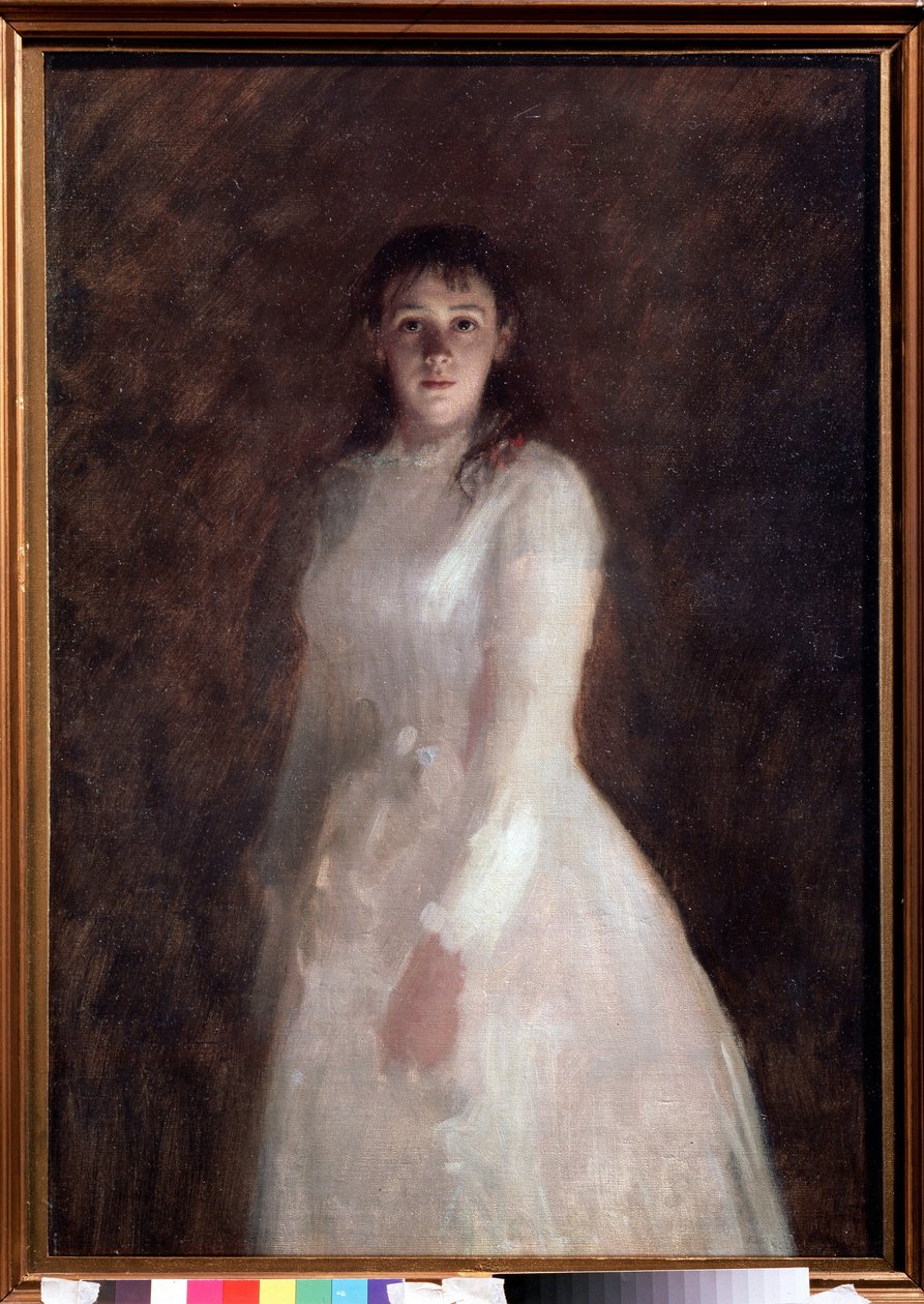 Nuoren naisen muotokuva (nuoren naisen muotokuva). (pukeutunut pitkään valkoiseen mekkoon). Ivan Nikolajevitš Kramskoin (1837-1887) maalaus öljy kankaalle. venäläistä taidetta tekijältä Ivan Nikolaevich Kramskoy