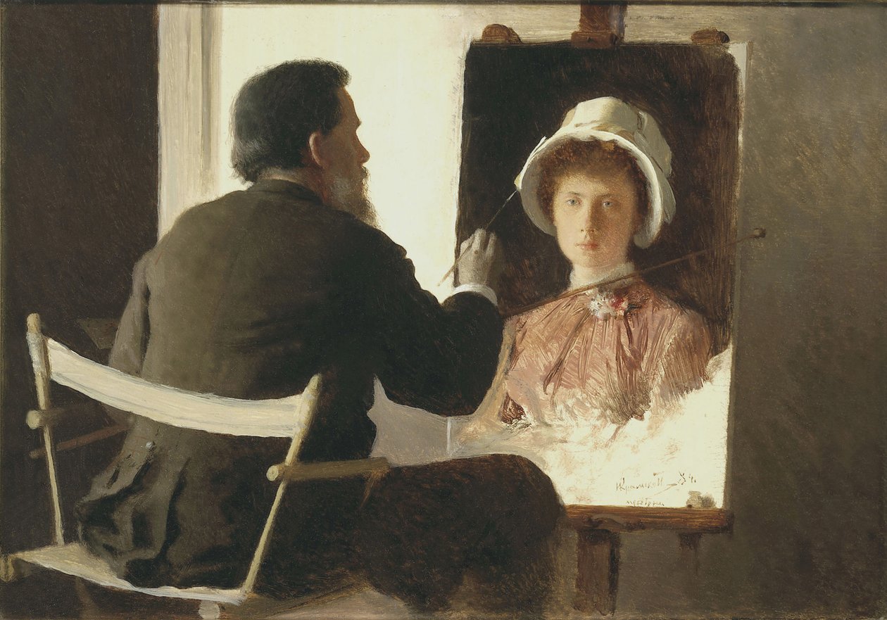 Kramskoy maalaa muotokuvan tyttärestään, 1884 tekijältä Ivan Nikolaevich Kramskoy