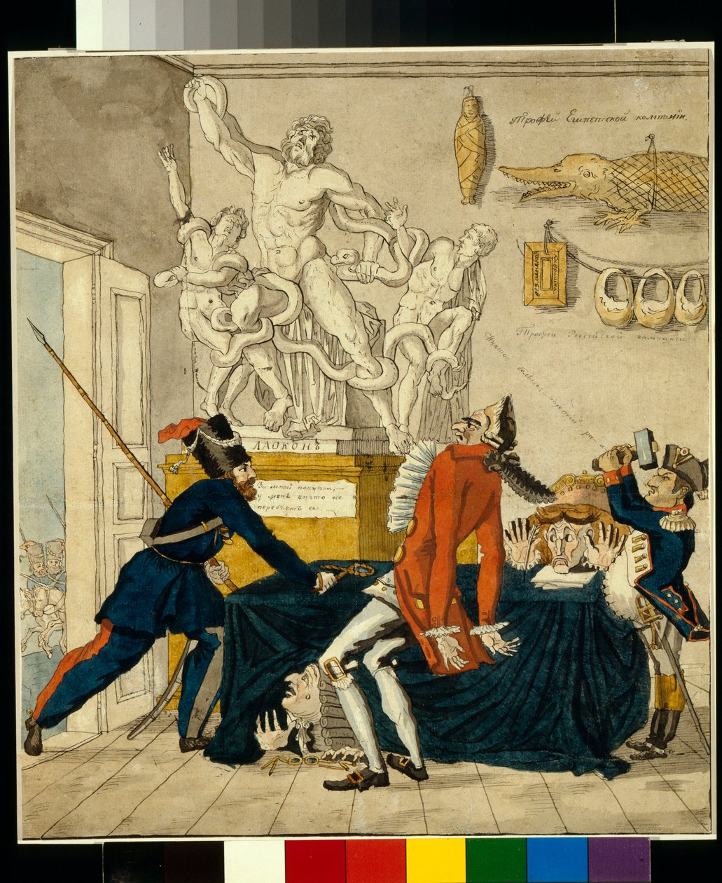 Napoleon Bonaparte (1769-1821) myy varastettuja tavaroita, muun muassa Laocoön-ryhmää - Ivan Ivanovich Terebenevin (1780-1815) karikatyyri, mustetta ja akvarelleja paperille tekijältä Ivan Nikolayevich Terebenev