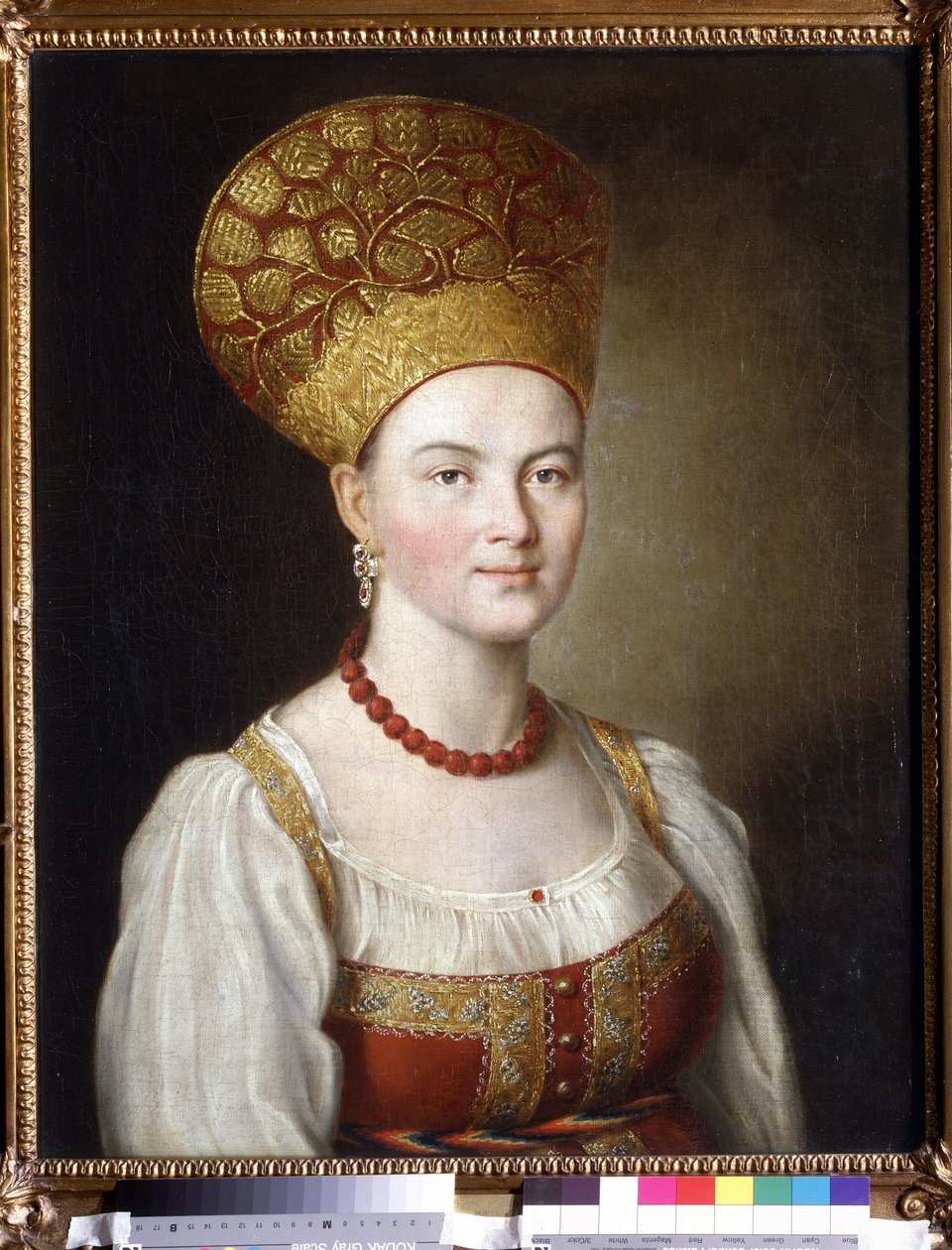 Naisen muotokuva venäläisessä puvussa (naisen muotokuva venäläisessä mekossa). Ivan Petrovitš Argunov (Argunov) (1729-1802) maalaus. Öljy kankaalle, 67 x 53,6 cm tekijältä Ivan Petrovich Argunov