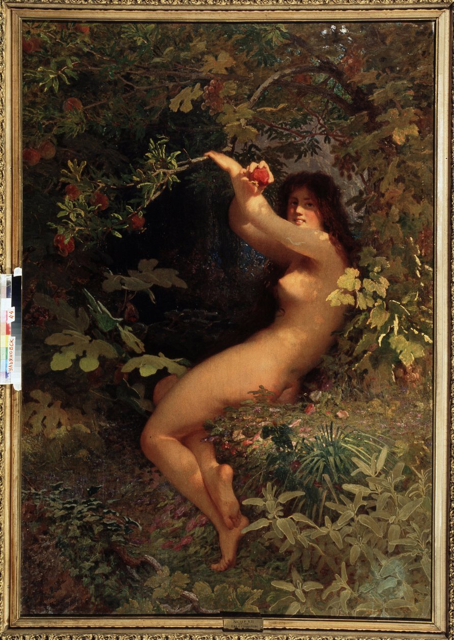 Eve granaattiomenalla (Eve granaattiomenalla). Alaston ja viettelevä Eeva Eedenin puutarhassa poimimassa tiedon hedelmiä. Ivan Petrovich Keler Viliandin (1826-1899) maalaus öljy kankaalle tekijältä Ivan Petrovich Keler Viliandi