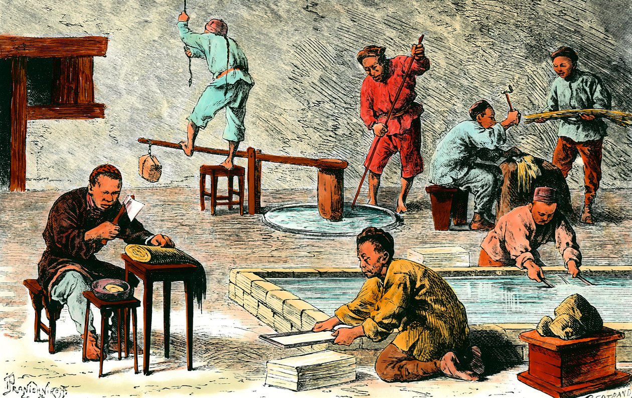 Paperinvalmistus Kiinassa: paperiarkkien tuotannon eri vaiheet kuoresta. Piirustus: Ivan Pranishnikoff (1841-1909). 1800-luvun yksityinen kokoelma tekijältä Ivan Pranishnikoff
