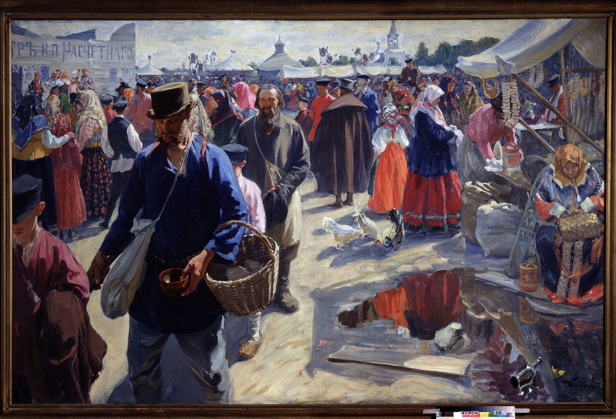 Messut (A Fair). Markkinapaikka venäläisessä provinssikaupungissa, perinteisessä tunnelmassa, talonpoikien ja myyjien kanssa. Ivan Semjonovitš Kulikov (Koulikov) (1875-1941) maalaus öljy kankaalle tekijältä Ivan Semyonovich Kulikov
