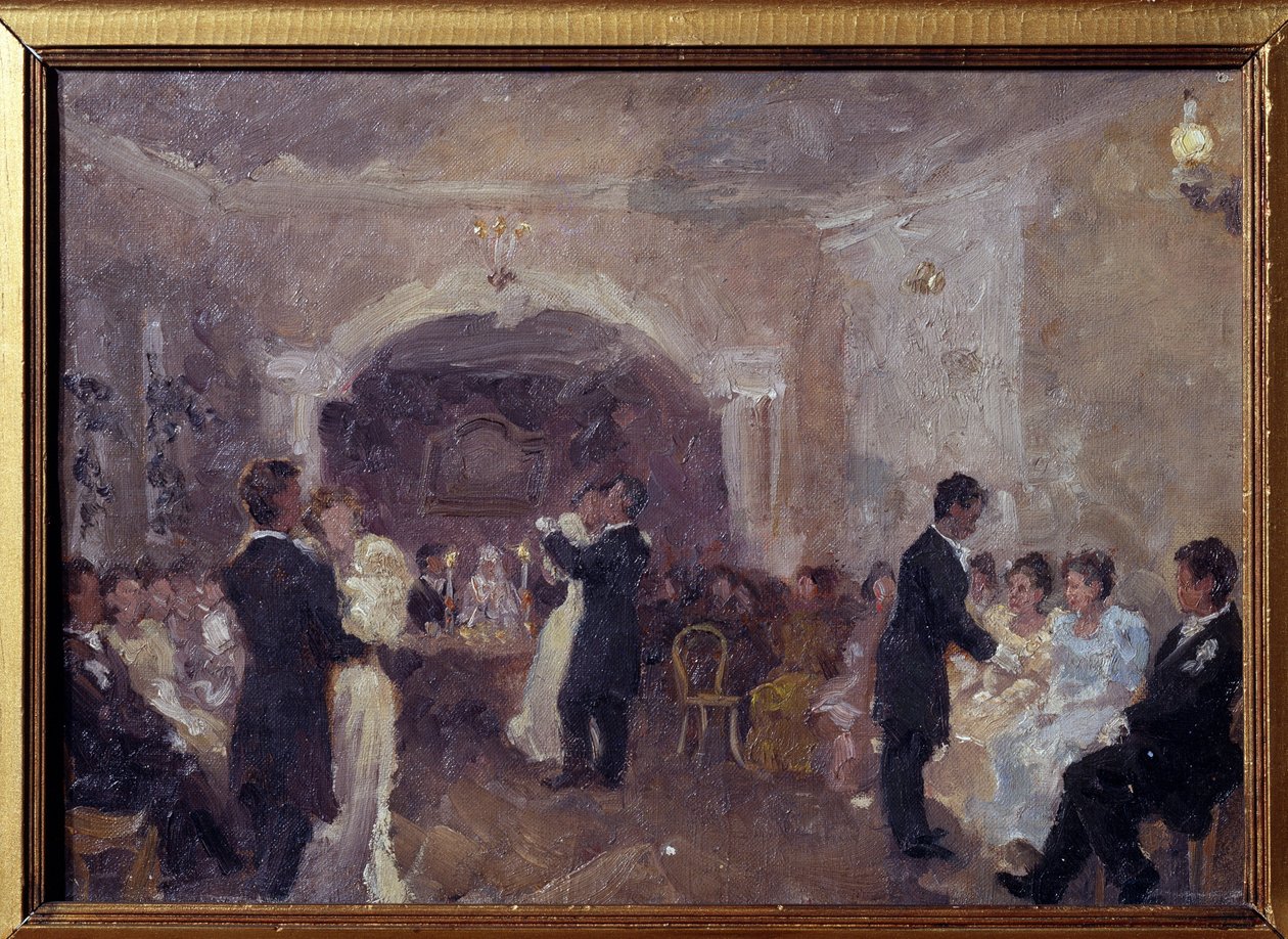 Kauppiaspallo. Pariskunnat tanssivat, valkoisiin pukeutuneet nuoret tytöt istuvat odottaen kutsua tanssimaan. Ivan Semjonovitš Kulikov (Koulikov) (1875-1941) maalaus öljy kankaalle tekijältä Ivan Semyonovich Kulikov