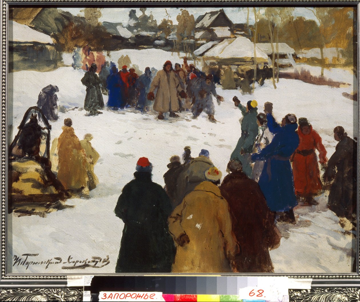 Kuvataistelu. (Nyrkkitappelu), noin 1910 (tempera kartongille). tekijältä Ivan Silych Goriuschkin Sorokopudov