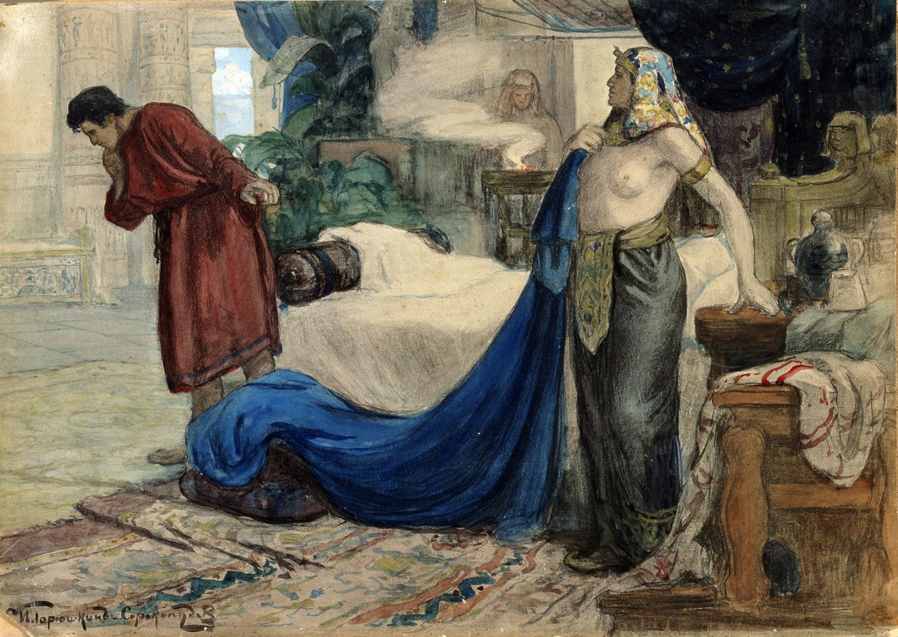 "Joosef ja Putifarin vaimo", noin 1900 (akvarelli, guassi). tekijältä Ivan Silych Goriuschkin Sorokopudov