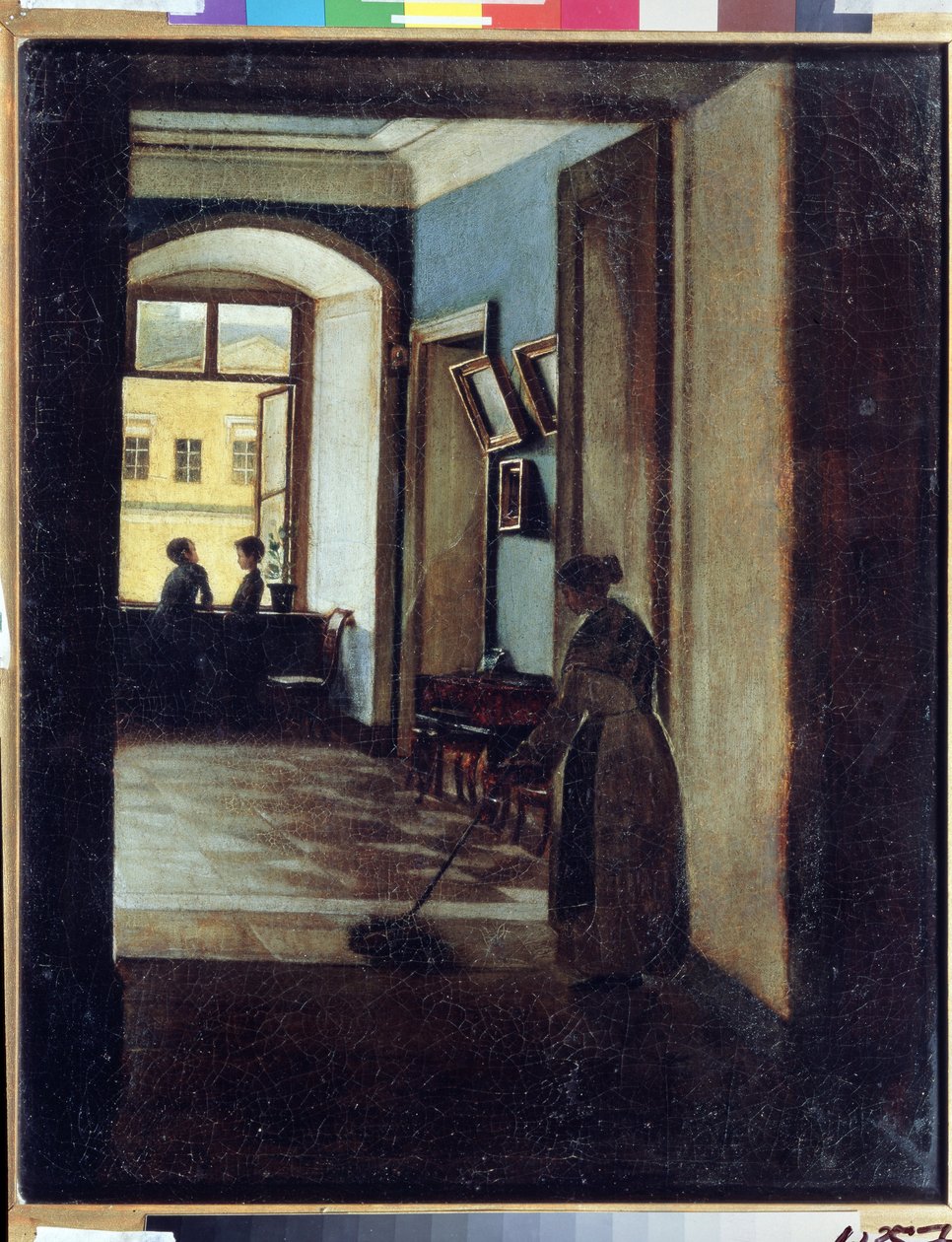""Näkymä sisätiloihin"" Palvelija ohittaa mopin käytävän (koulun?) varjossa. Ivan Trofimovich Durnovin (1801-1847) maalaus Tatarstanin tasavallan valtion taidemuseo, Kazan tekijältä Ivan Trofimovich Durnov