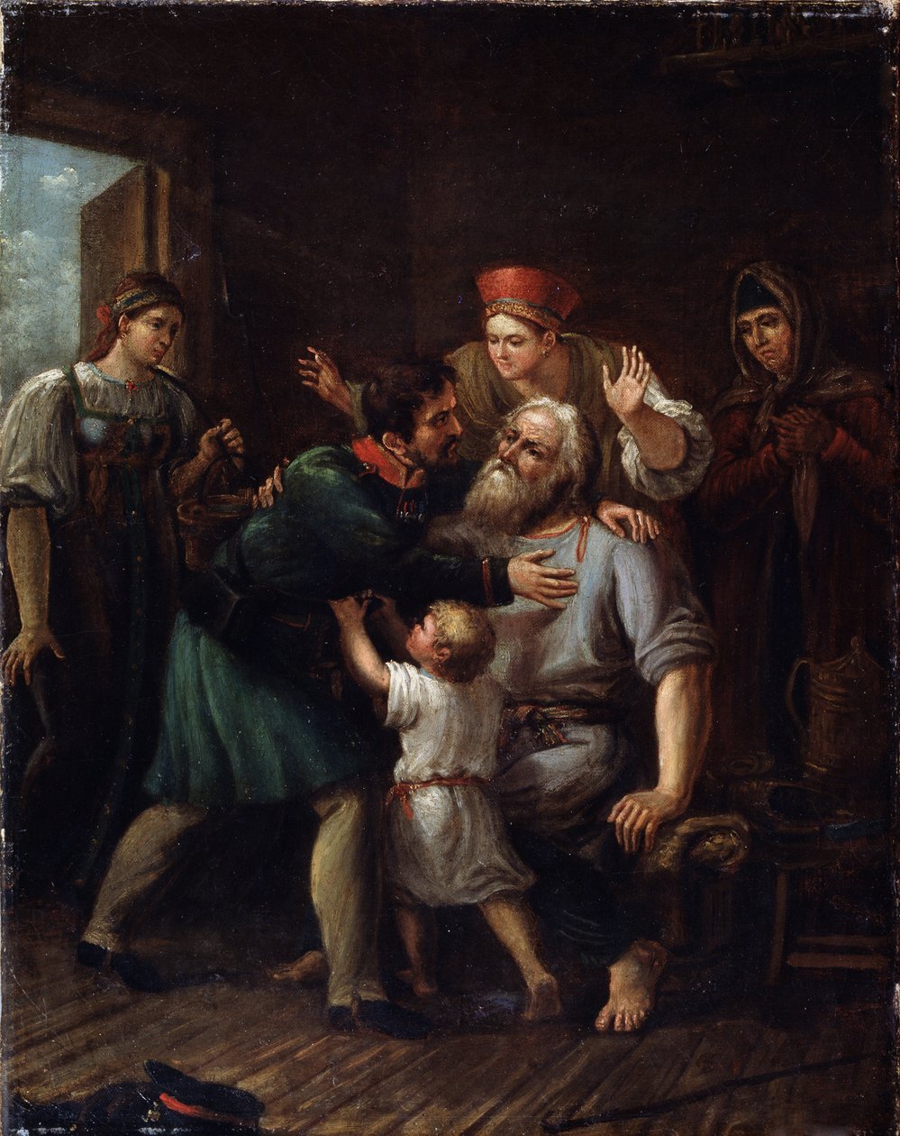 The Return of the Warrior (Homecoming Warrior). Sotilas palaa kotiin ja heittäytyy vanhan isänsä syliin. Koko perhe ilmaisee ilonsa ja helpotuksensa nähdessään hänet elossa. Ivan Vasilyevich Luchaninovin (1781-1824) maalaus, öljy t tekijältä Ivan Vasilyevich Luchaninov