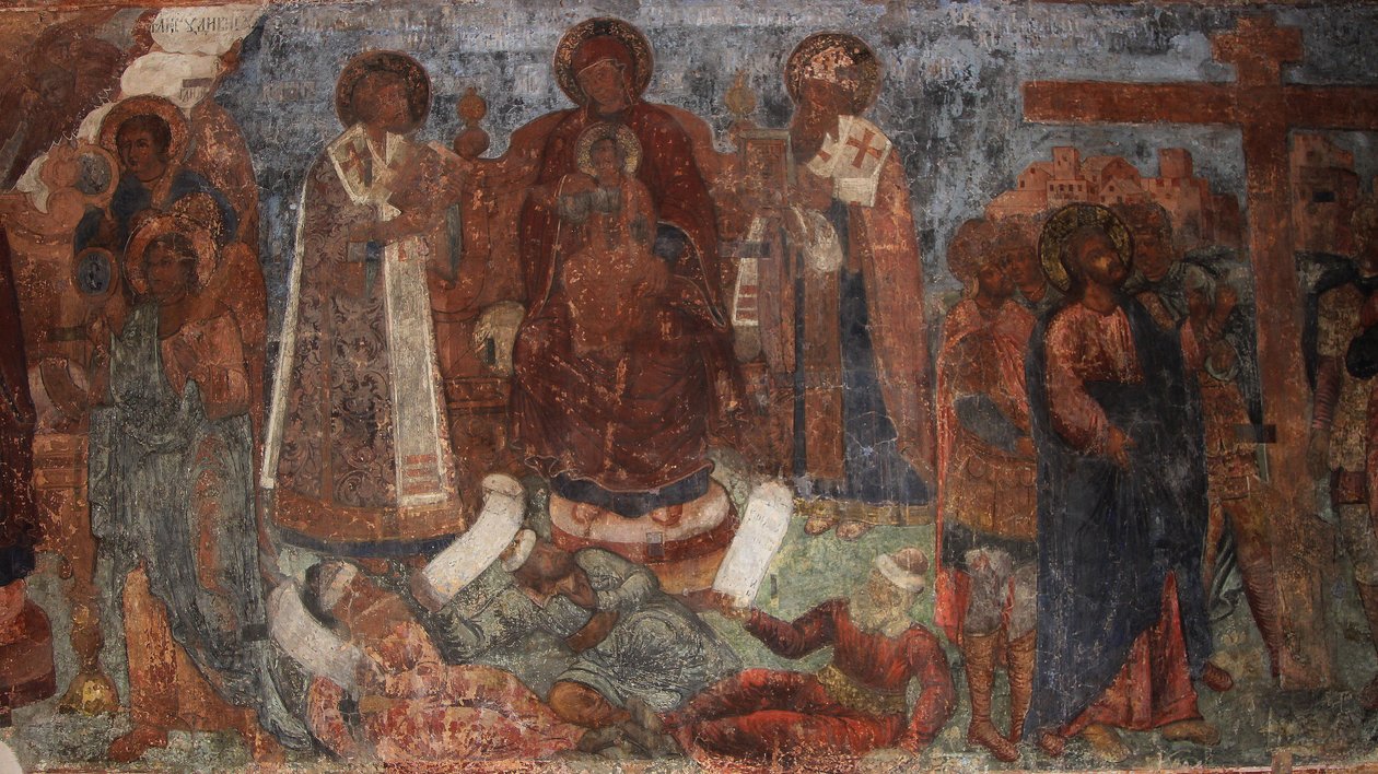 Fresko Neitsyt Marian katedraalissa, Novgorod, 1700-luvun alku. tekijältä Ivan Yakovlevich Bakhmatov