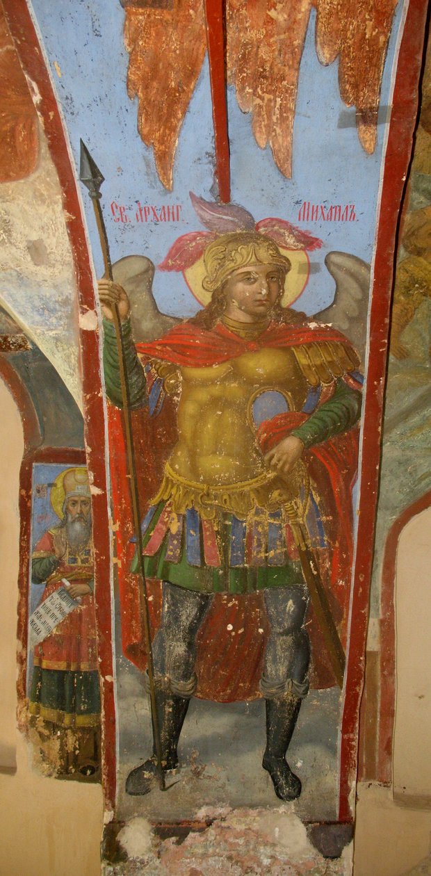 Pyhä arkkienkeli Mikael. Fresko Neitsyt Marian katedraalissa, Novgorod, 1700-luvun alku. tekijältä Ivan Yakovlevich Bakhmatov