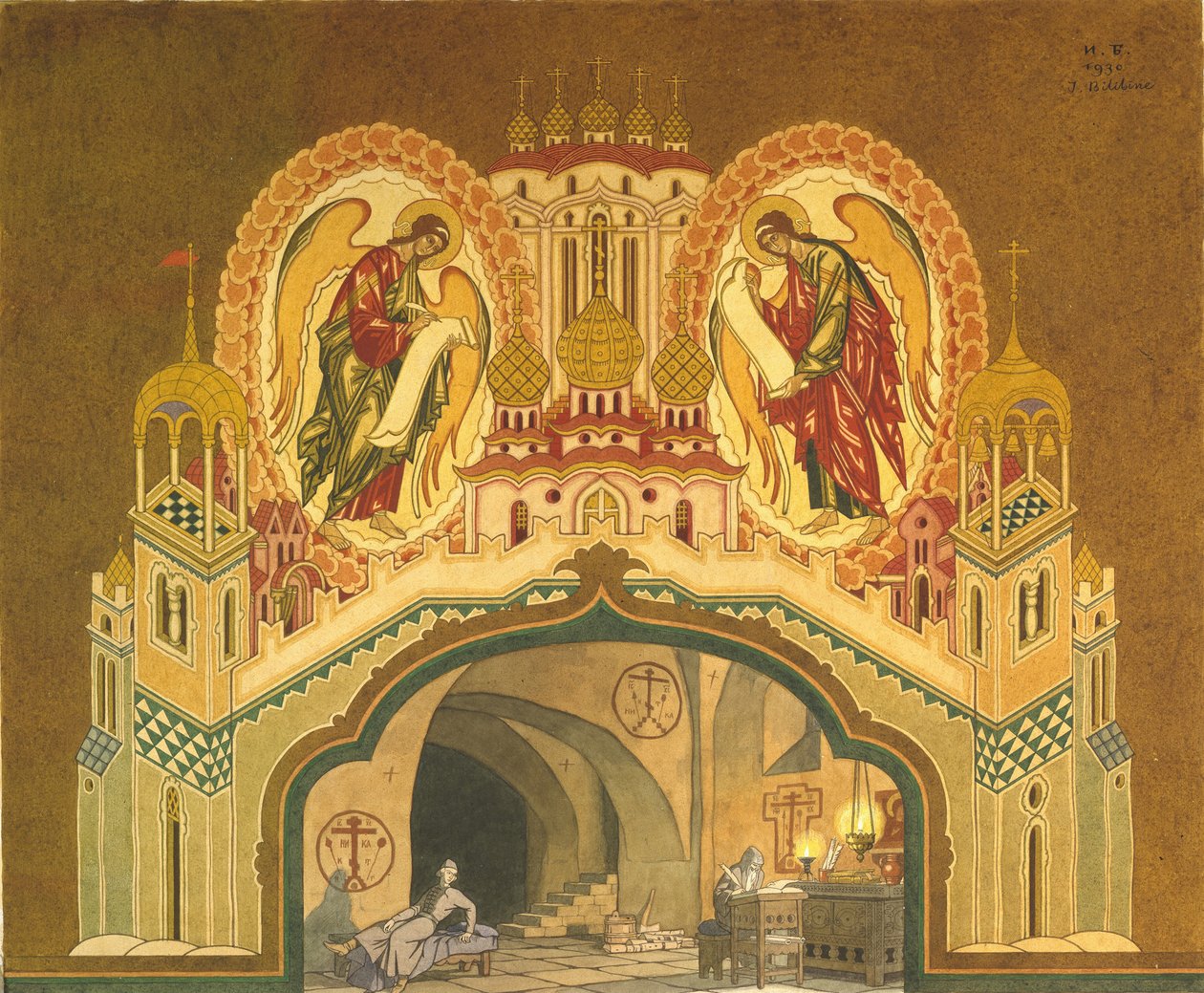 Chudov luostari. Lavastus M. Musorgskin Boris Godunov-oopperaan, 1930 tekijältä Ivan Yakovlevich Bilibin