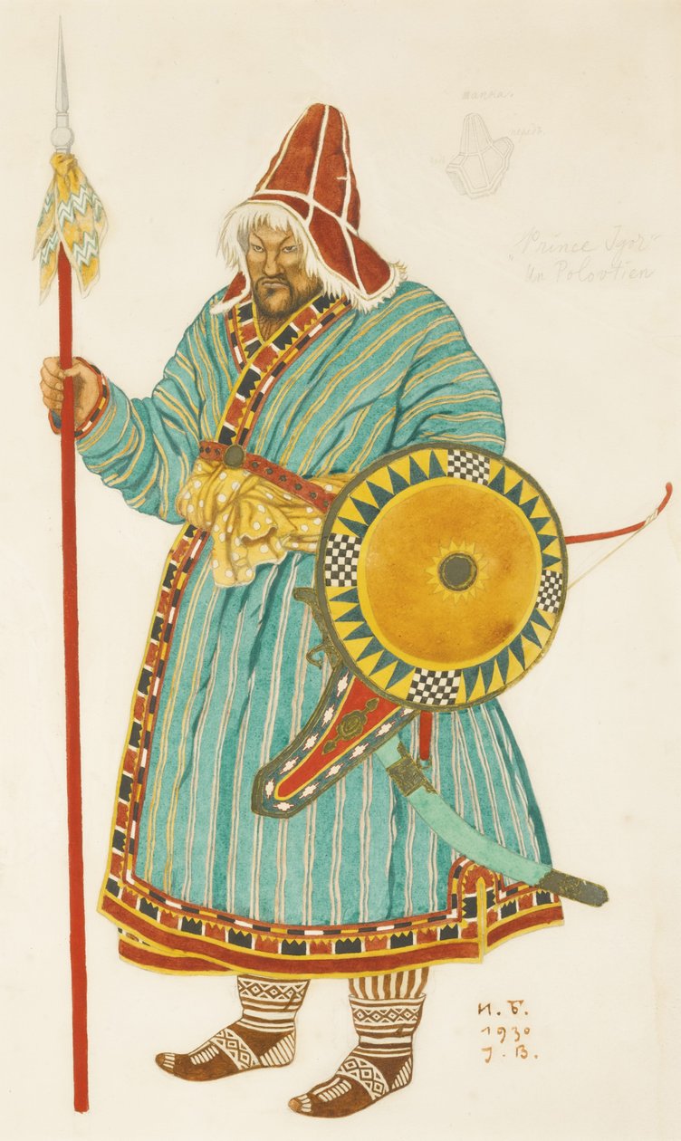 Pukusuunnittelu A. Borodinin oopperaan Prinssi Igor, 1930 tekijältä Ivan Yakovlevich Bilibin