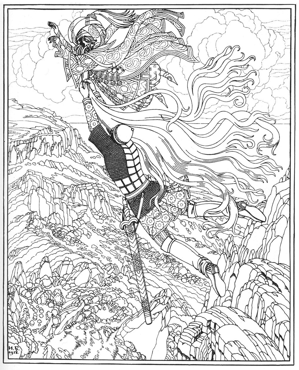 Chernomorin ja Ruslanin lento. Kuvitus A. Pushkinin runoon Ruslan ja Ljudmila, 1918 tekijältä Ivan Yakovlevich Bilibin