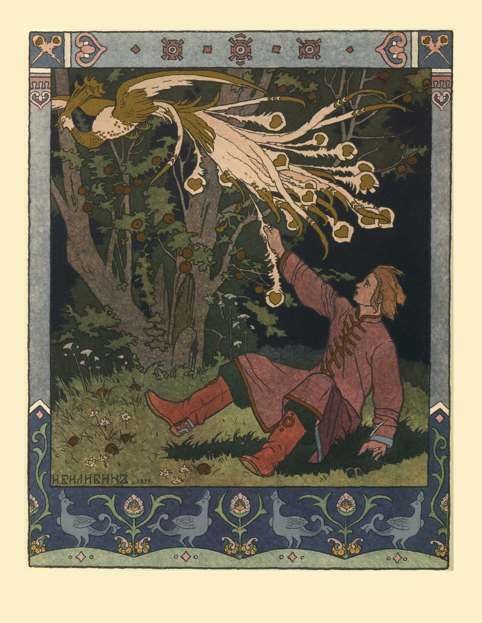 Kuvitus satulle Ivan Tsarevitšista, tulilintu ja harmaa susi, 1902 tekijältä Ivan Yakovlevich Bilibin