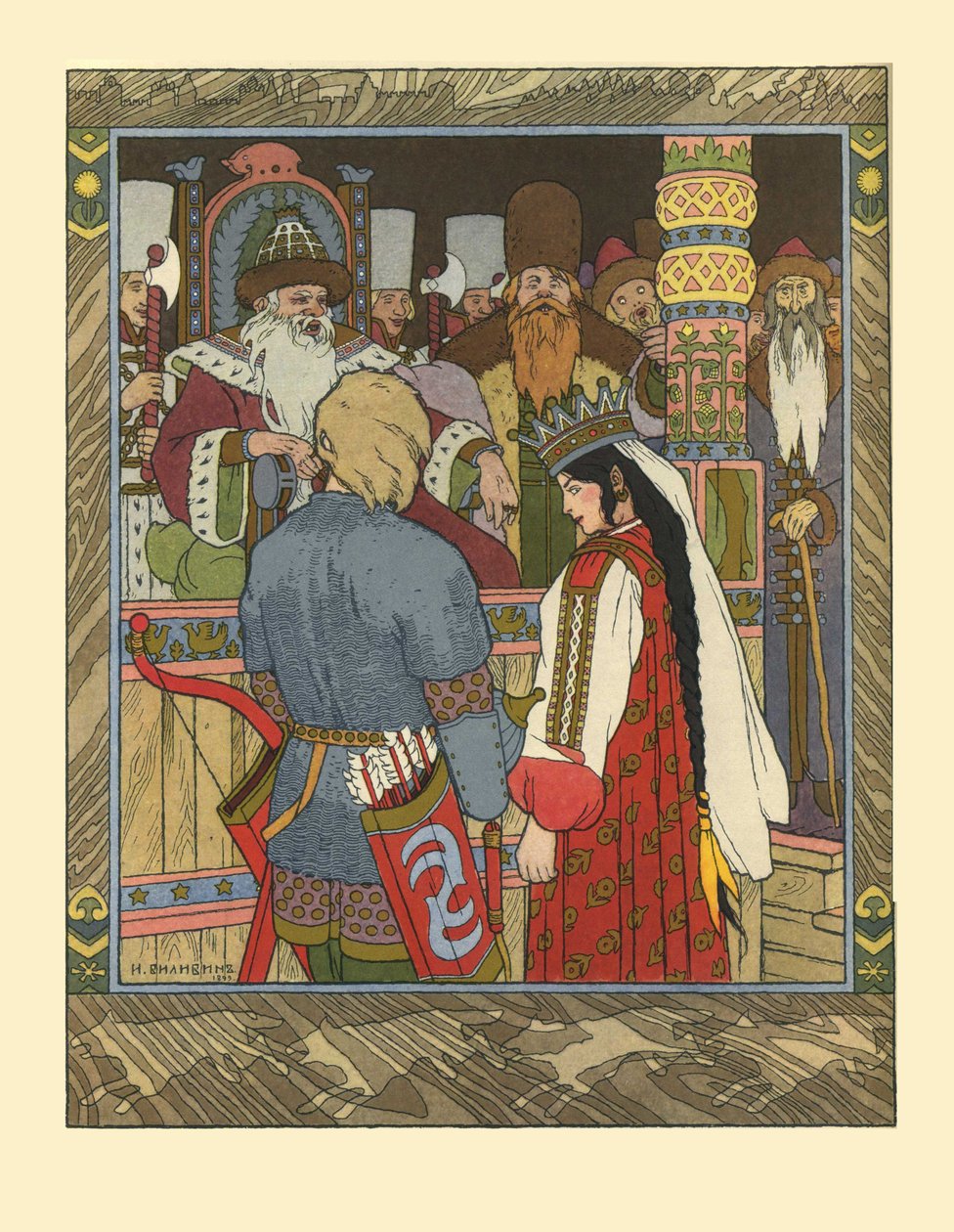 Kuvitus satulle Ivan Tsarevitšista, tulilintu ja harmaa susi, 1902 tekijältä Ivan Yakovlevich Bilibin