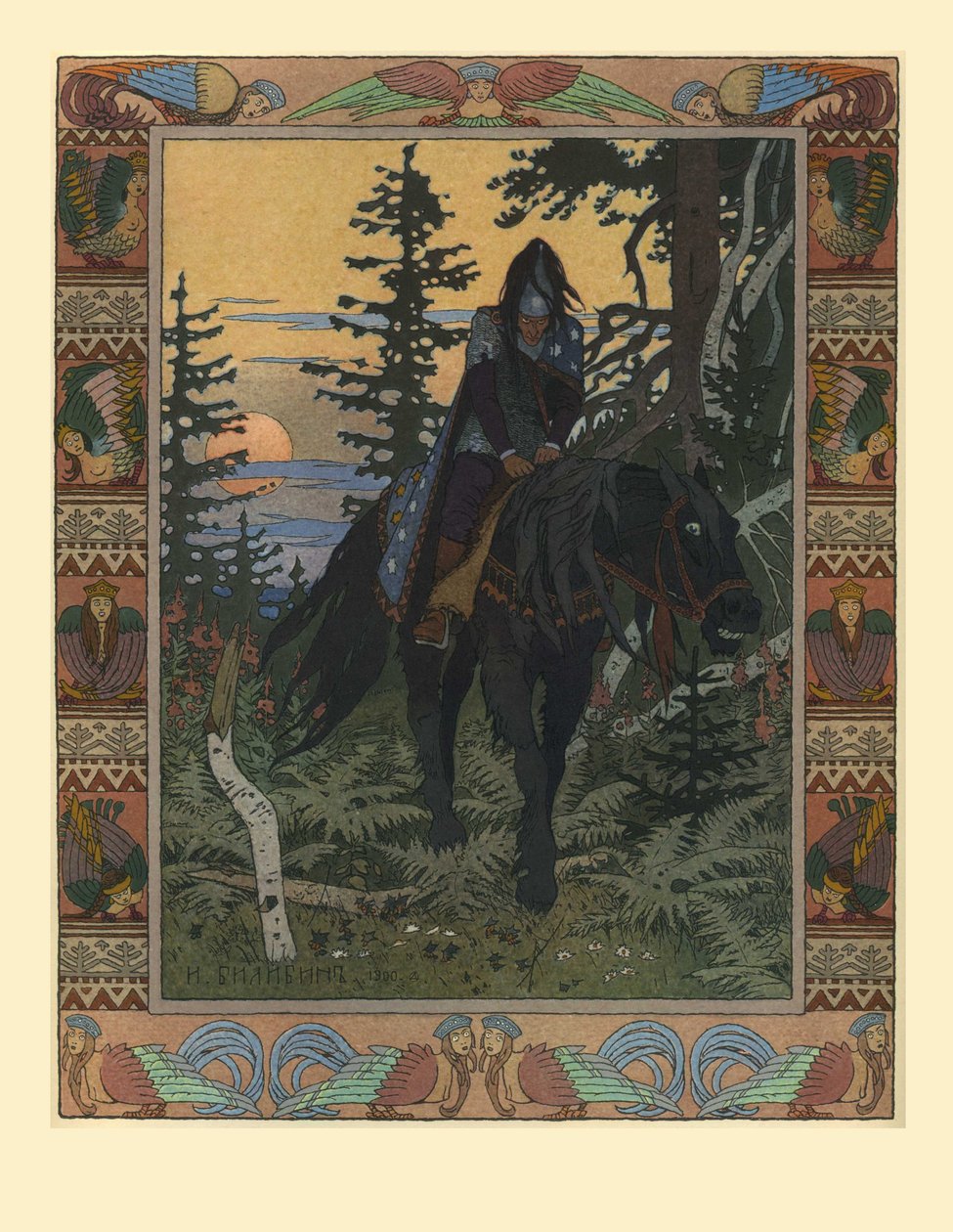 Kuvitus Vasilisa kauniin ja valkoisen ratsumiehen sadulle, 1900 tekijältä Ivan Yakovlevich Bilibin