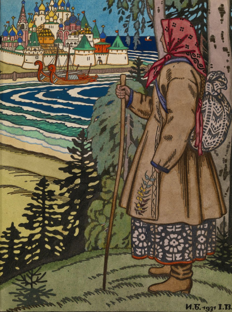 Talonpoikatyttö. Kuvitus kirjaan Contes de lIsba, 1931 tekijältä Ivan Yakovlevich Bilibin