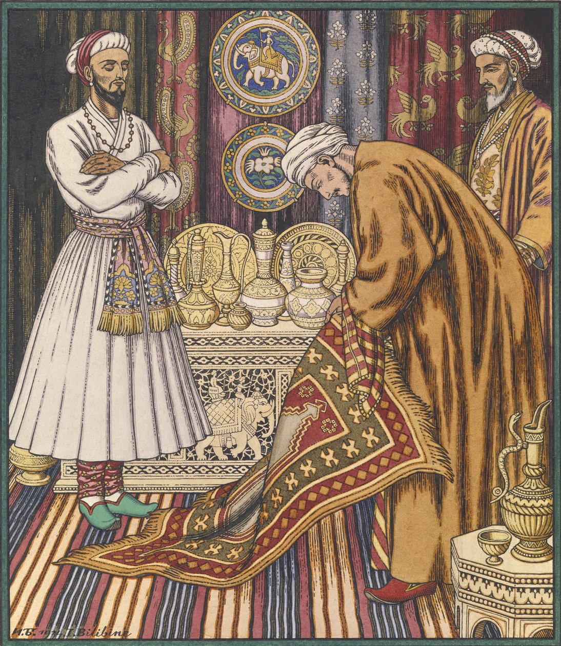 Prinssi Ali ostaa maton. Kuvitus Arabian Fairy Talesille tekijältä Ivan Yakovlevich Bilibin
