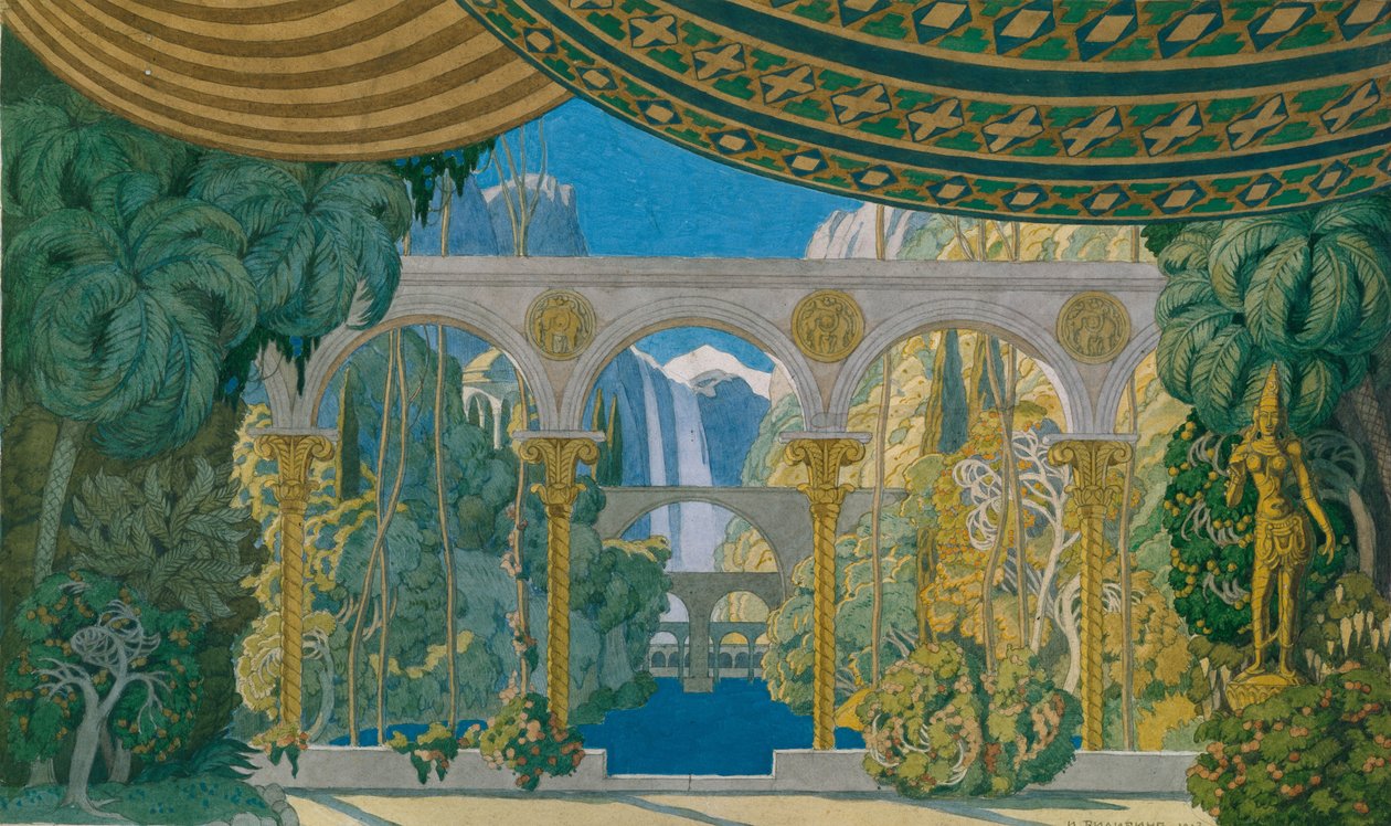 Chernomorin puutarhat. Lavastus M. Glinkan oopperaan Ruslan ja Ludmila, 1913 tekijältä Ivan Yakovlevich Bilibin