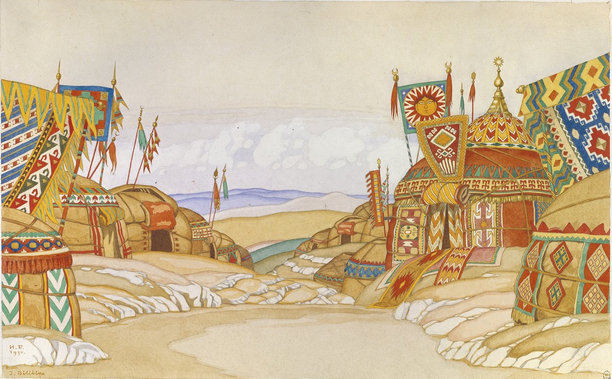 Polovtsien leiri. Lavastus A. Borodinin oopperaan Prinssi Igor, 1930 tekijältä Ivan Yakovlevich Bilibin