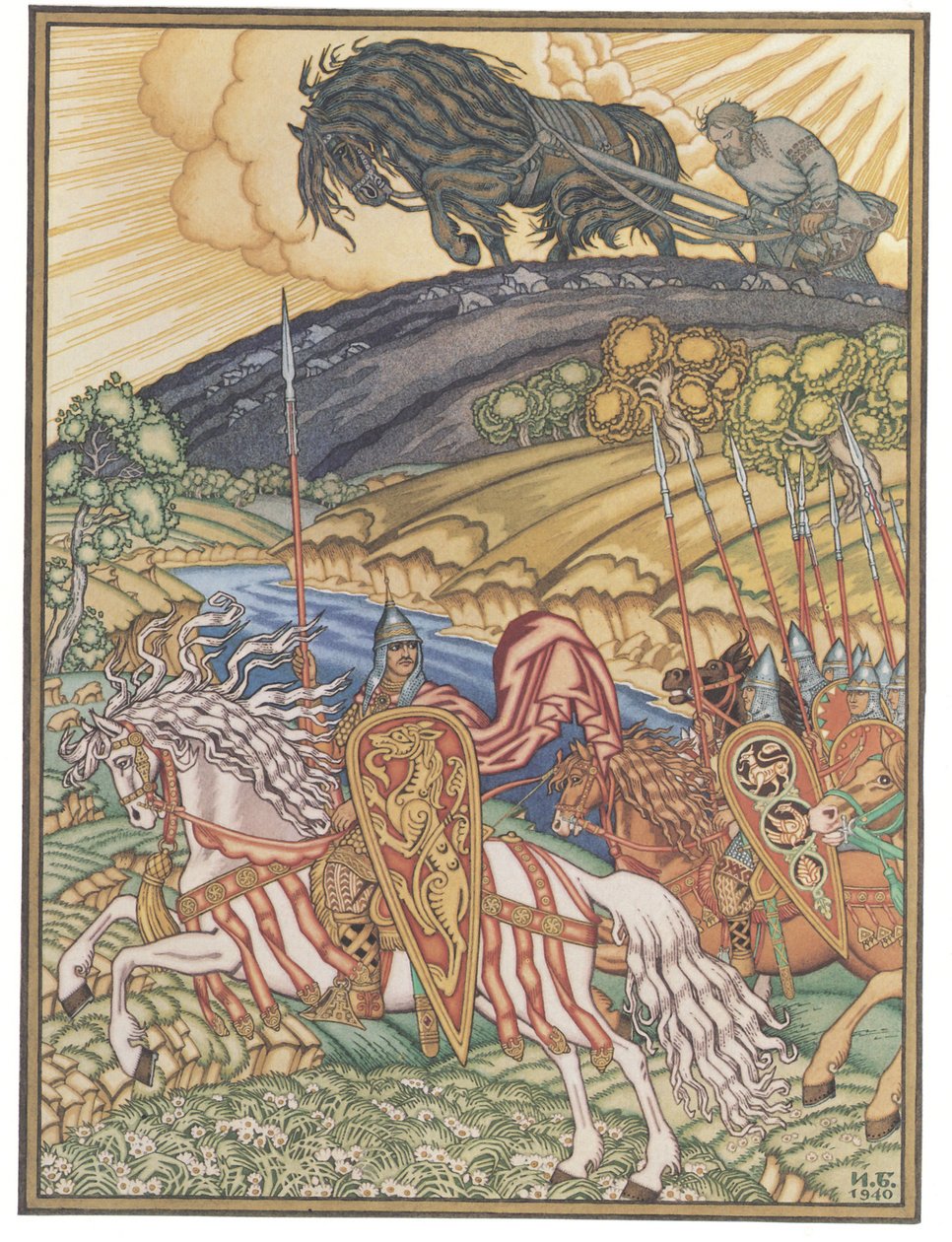 Volga Svyatoslavich ja Mikula Seljaninovich, 1940 tekijältä Ivan Yakovlevich Bilibin
