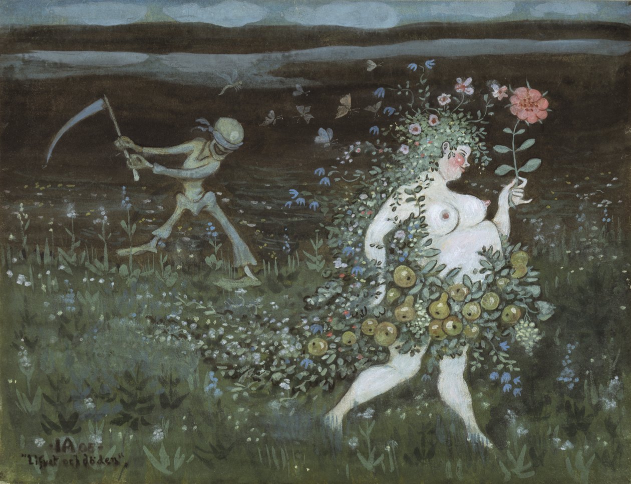La Vie et la Mort - Elämä ja kuolema, kirjoittanut Arosenius, Ivar (1878-1909). Akvarelli, guassi paperille tekijältä Ivar Axel Henrick Arosenius