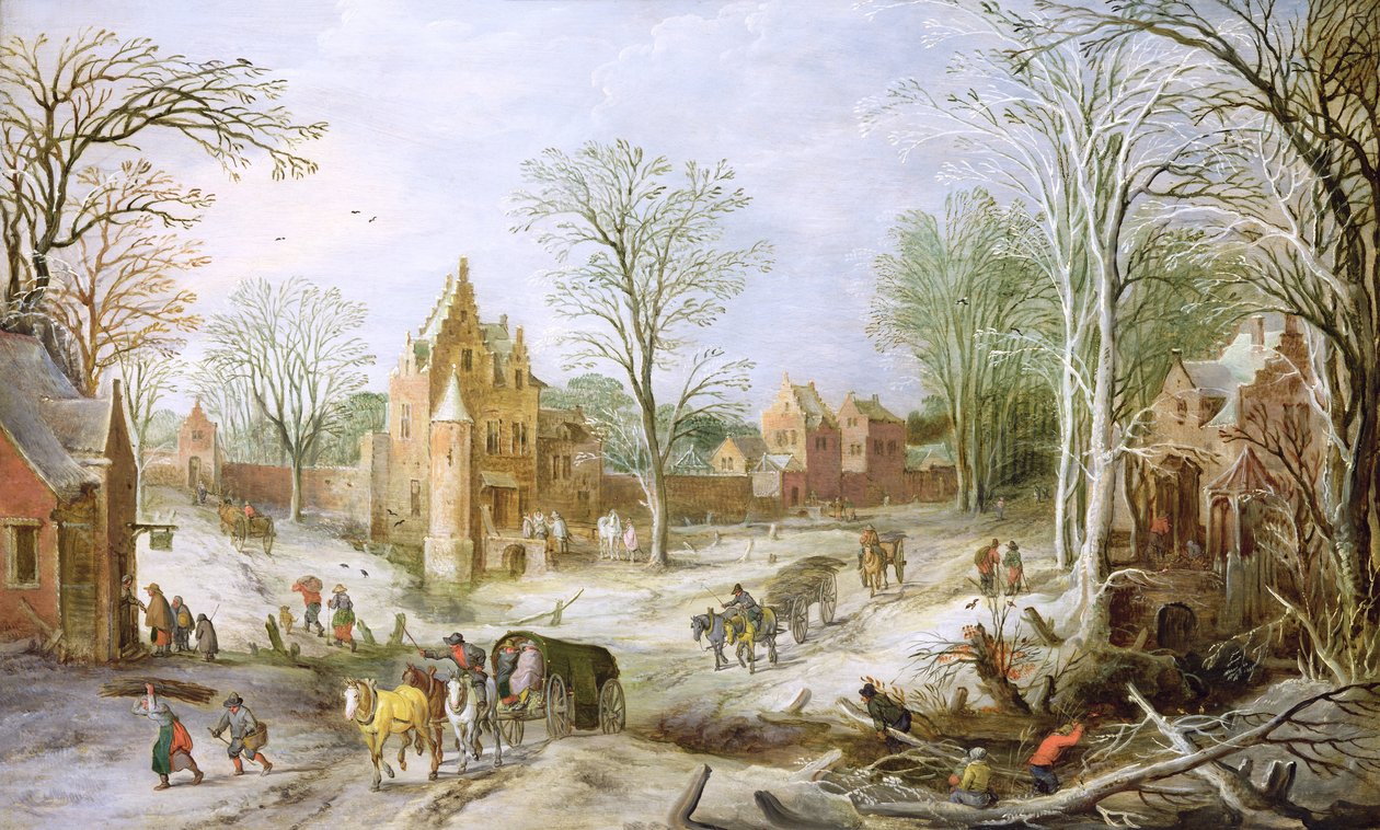 Metsäinen talvimaisema kärryineen (paneeli) tekijältä J. and Momper, J. de Brueghel