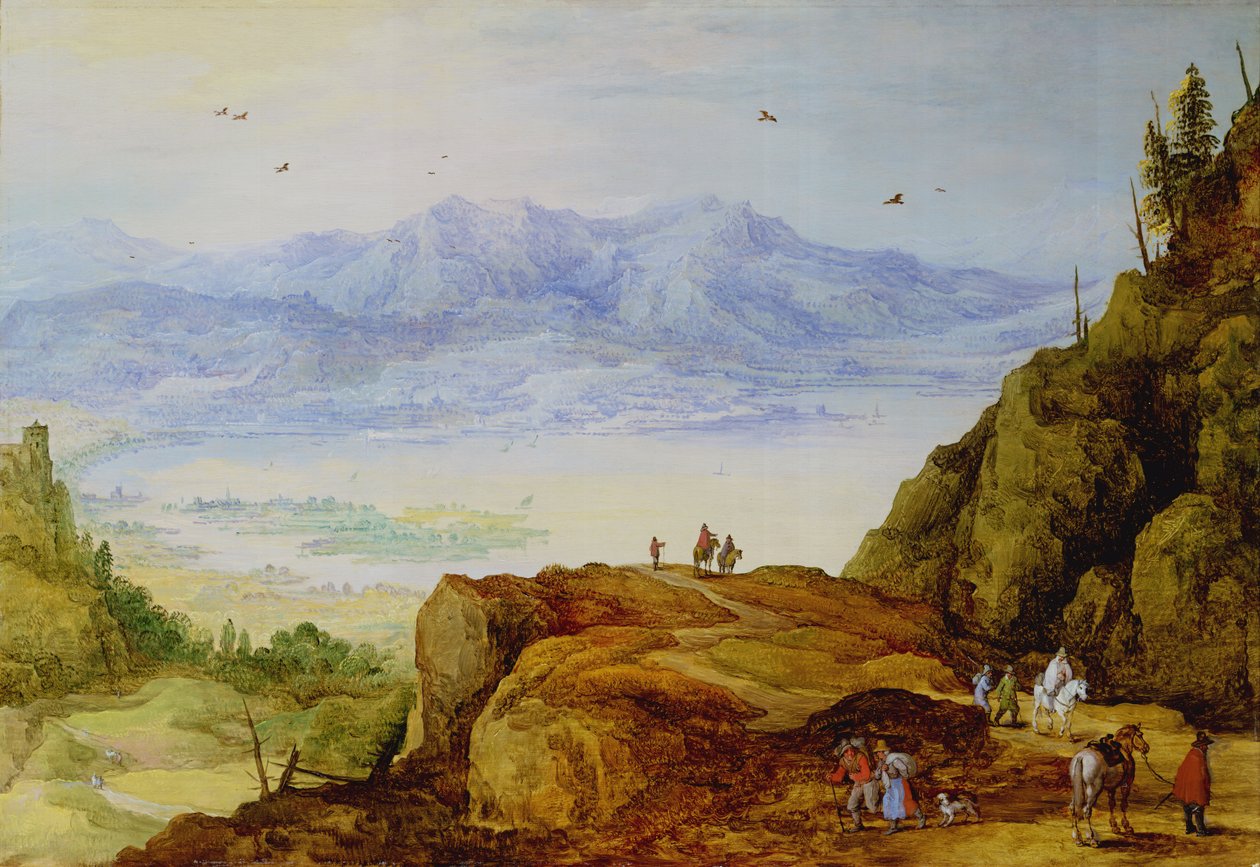 Laaja vuoristomaisema, jossa on järvi tekijältä J. and Momper, J. de Brueghel