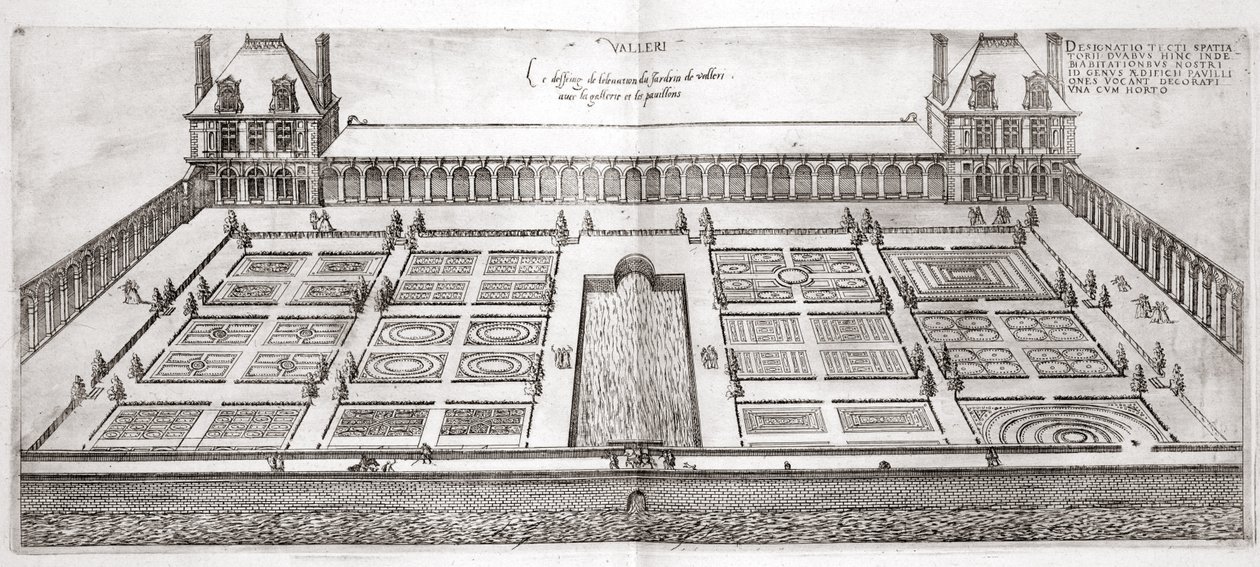 Chateau de Valleryn puutarhat, teoksesta Les Plus Belles Bastiments de France, julkaistu 1570-luvulla. tekijältä J. Androuet Ducerceau