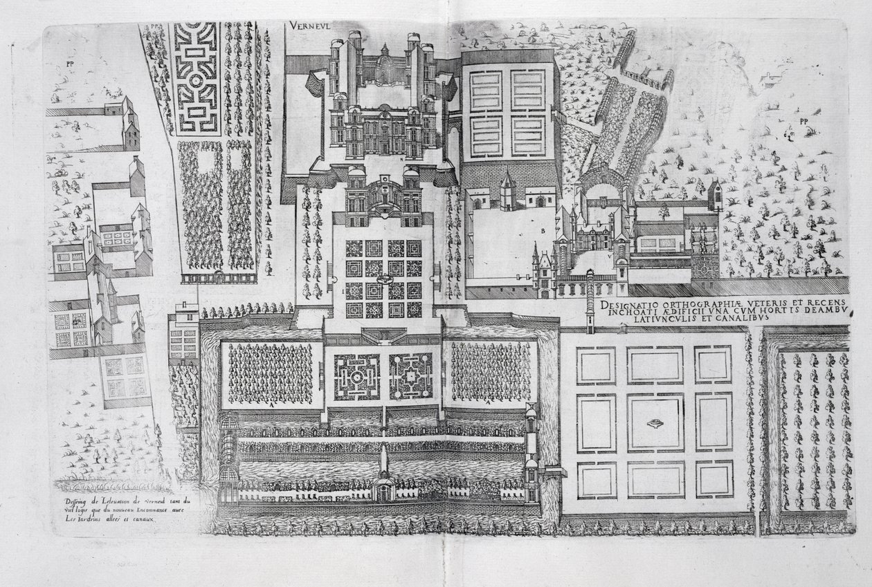 Chateau, puutarhat ja osa puistoa Verneuilissa, Les Plus Belles Bastiments de Francesta, julkaistu 1570-luvulla tekijältä J. Androuet Ducerceau
