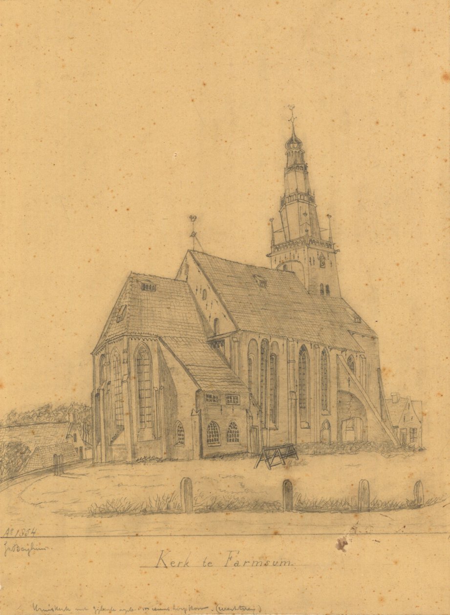 Tekening van de oude kerk van Farmsum voor de afbraak van de toren vuonna 1855 (en de kerk vuonna 1869) tekijältä J. Berghuis