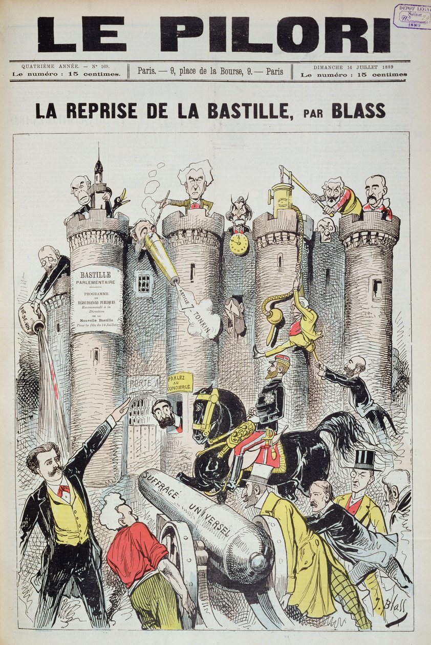 "Le Pilorin" kansi, joka kuvaa kenraali Boulangeria (1837-91) "ottamassa" Bastillea, karikatyyri Ranskan vaaleista 1889, 14. heinäkuuta 1889 tekijältä J. Blass