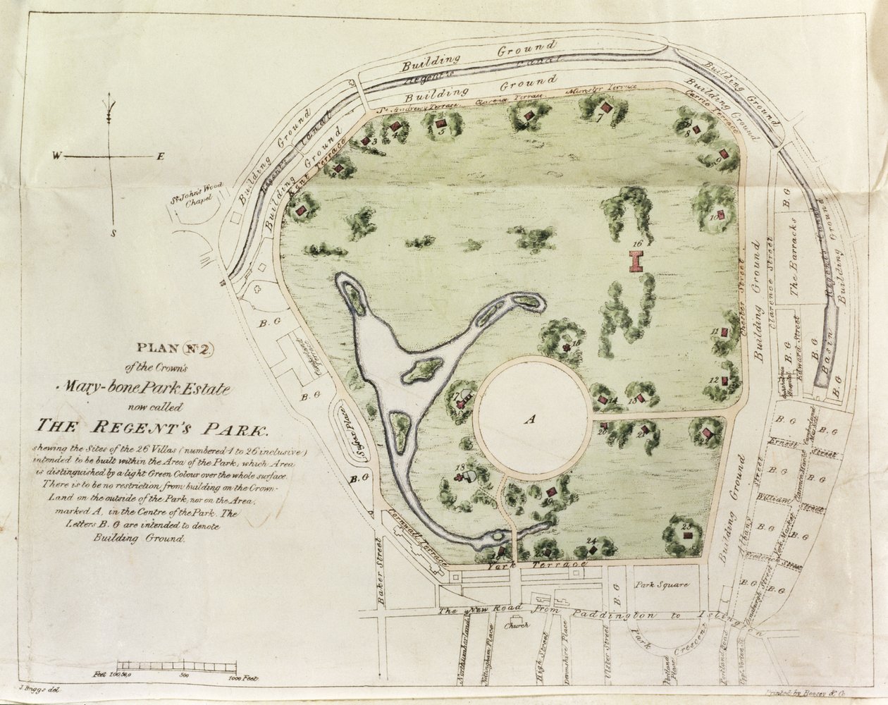 Regents Parkin suunnitelma, painanut Boosey & Co., 1822 tekijältä J. Briggs