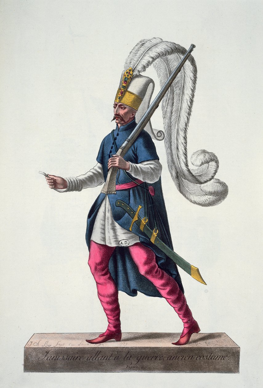 Turkkilainen janissaari, joka menee sotaan 1500-luvun puvussa, kirjasta "Recueil de Tous les Costumes des Orders Religieux et Militaires", 1789 (värikaiverrus) tekijältä J. C. Bar