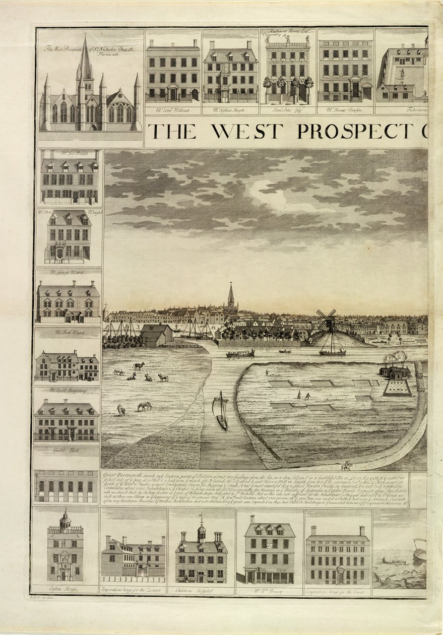 The West Prospect of the Town of Great Yarmouth Norfolkissa, kaiverrettu John Harris (fl.1686-1740) (katso myös 241067,241068) tekijältä J. Corbridge