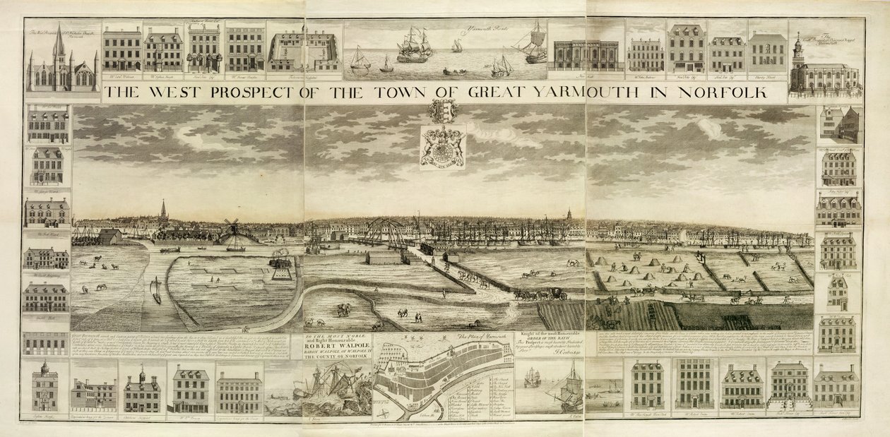 The West Prospect of the Town of Great Yarmouth Norfolkissa, kaiverrettu John Harris (fl.1686-1740) (katso myös 241066-68) tekijältä J. Corbridge