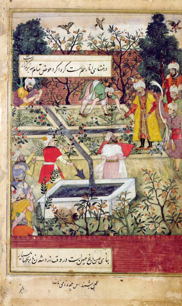 Keisari Babur (n. 1494-1530) tutkii puutarhan perustamista Kabuliin, n. 1600 tekijältä J. Dorman