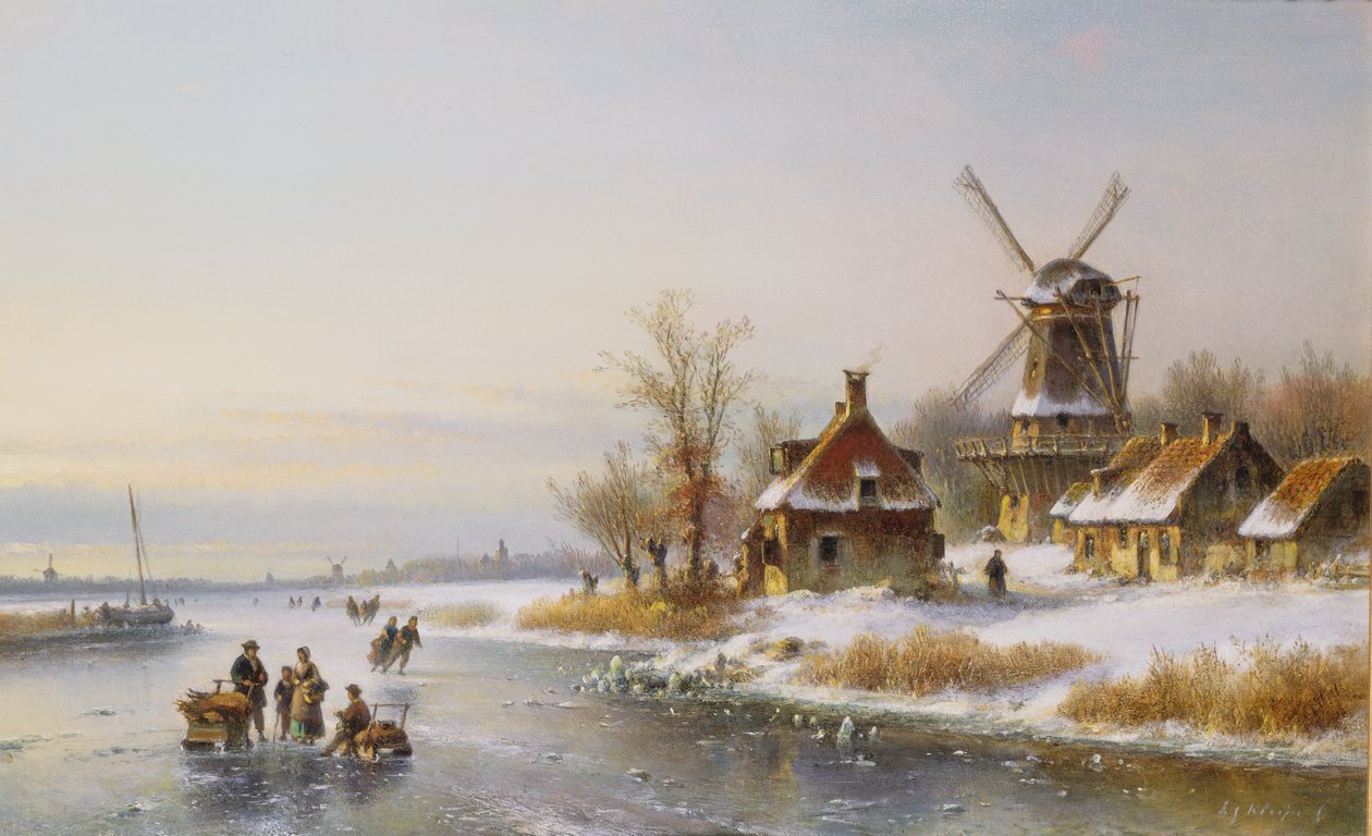 Talvimaisema tuulimyllyllä, 1800-luku tekijältä Lodewijk Johannes Kleyn