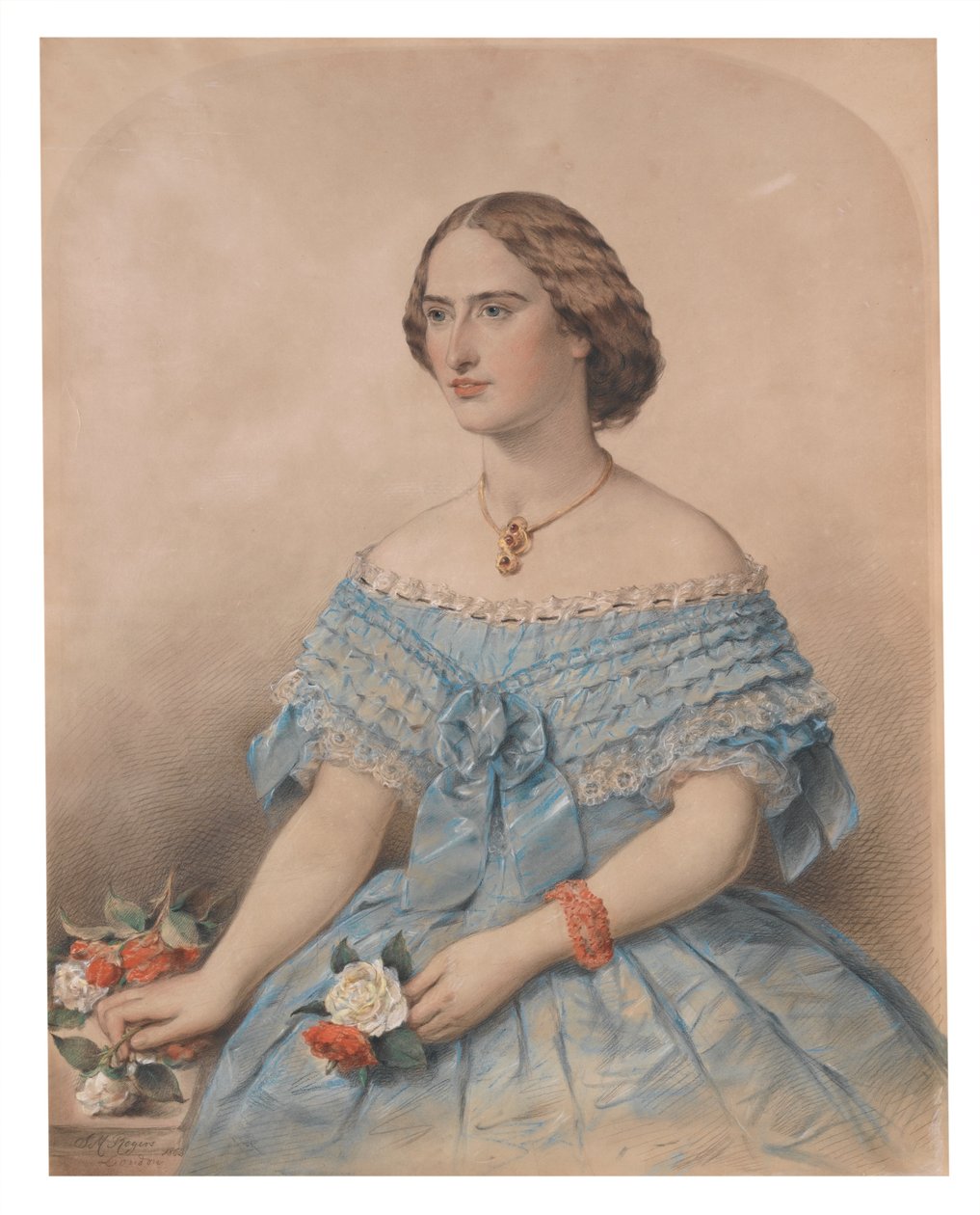 Nuoren naisen muotokuva, neiti Floe, 1863 (pastelli paperille) tekijältä J. M. Rogers