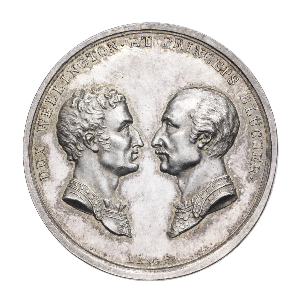 Wellingtonin herttuan ja sotamarsalkka von Blücherin muistomitali 1815, noin 1815 (hopea). tekijältä J. N. Lang