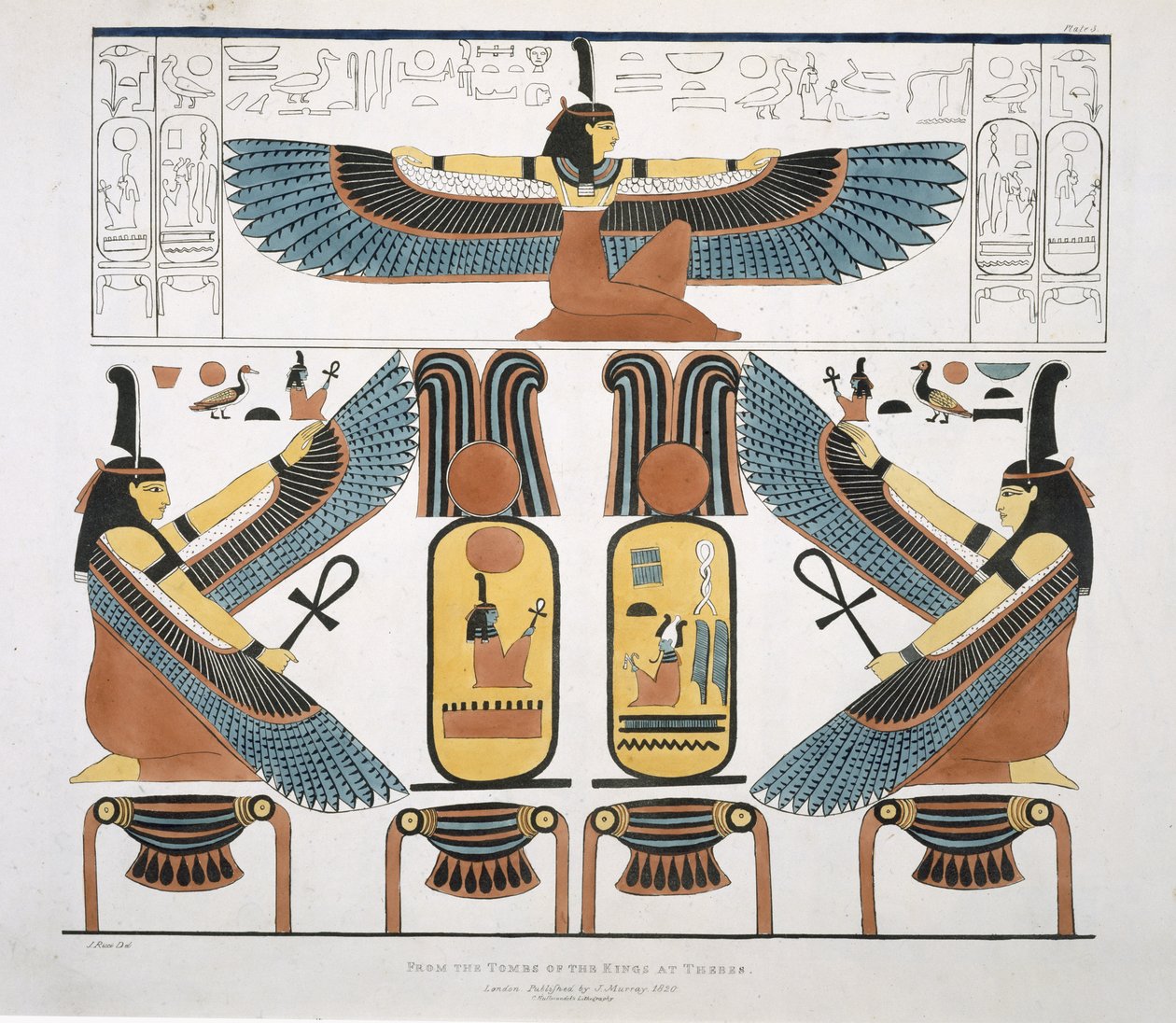 G. Belzonin löytämä seinämaalaus Theban kuninkaiden haudoista, taulu 3 teoksesta `Plates Illustrative of the Researches in Egypt and Nubia`, kaiverrettu Charles Hullamandel (1789-1850) 1820-22 (lit. tekijältä J. Ricci