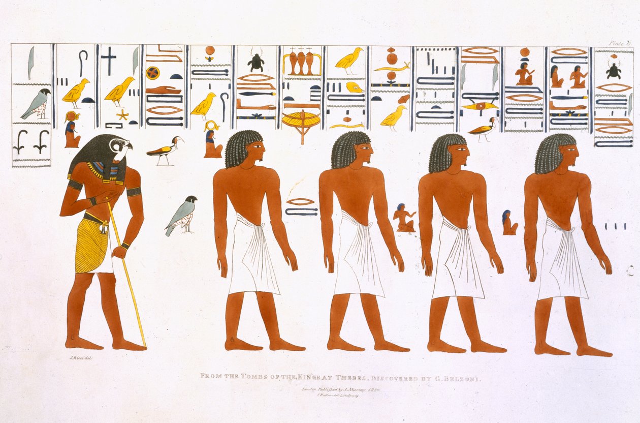 G. Belzonin löytämät seinämaalaukset Thebesin kuninkaiden haudoista, levy 6 teoksesta "Plates Illustrative of the Researches in Egypt and Nubia", kaiverrettu Charles Hullmandel (1789-1850) 1820-22 (valaistu tekijältä J. Ricci