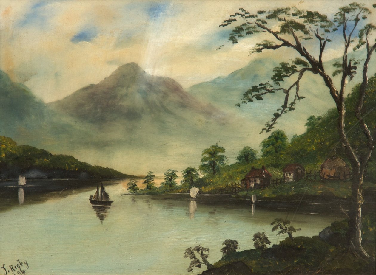 Maisema järvellä, vuorilla ja purjeveneellä, 1894 (öljy lasille) tekijältä J. Rigby