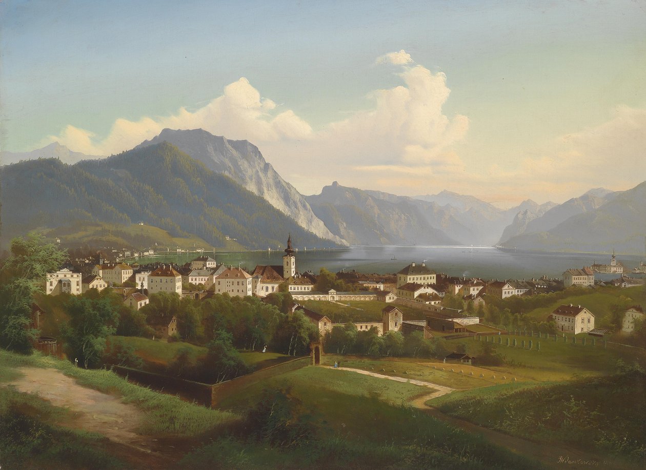 Blick auf Gmunden und Schloss Orth am Traunsee tekijältä J. Wilhelm Jankowsky