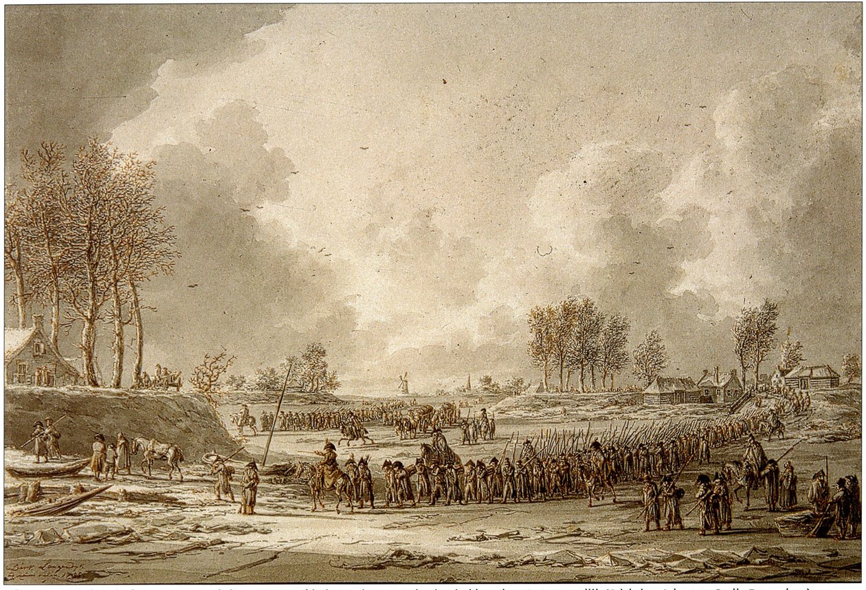 Ranskan armeija ylittää jäädytetyn Waalin, 1795 tekijältä J.A. Langendijk