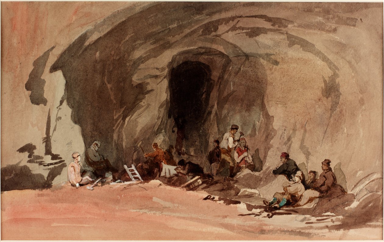 Kaivostyöläiset, Rautakaivoksen sisäänkäynti, 1845 (kynä ja wc paperilla (kortilla)) tekijältä J.B. Brown